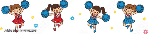 Cute Cheerleader Girls with Blue Pom Poms Dancing in Red and Blue Uniform Cartoon Vector Illustration Set