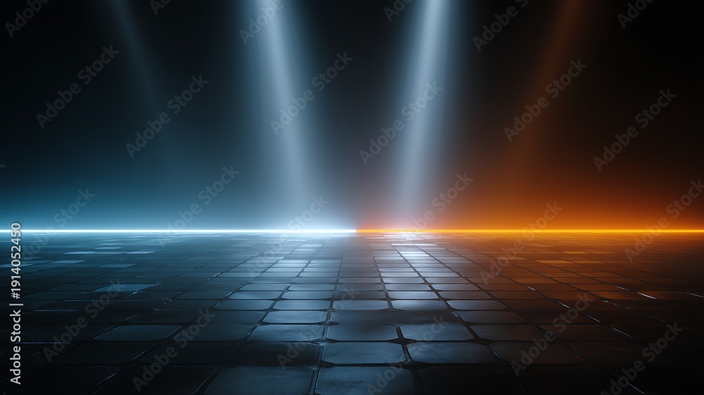 Obraz premium Spotlights Shine Down on a Dark Tiled Floor with Beams of Light