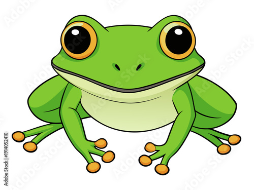 Adorable cartoon green frog with big eyes and orange toes on a white background