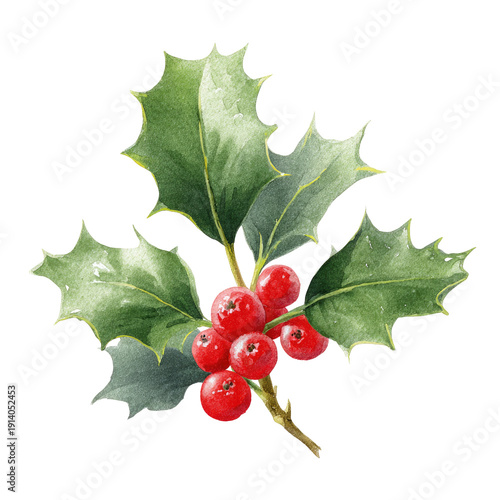 Watercolor depiction of a holly sprig with glossy green leaves and vibrant red berries