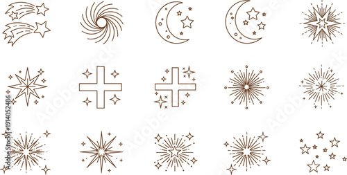 Celestial line icon set with stars moon sparkles bursts and magic symbols in minimalist outline vector style