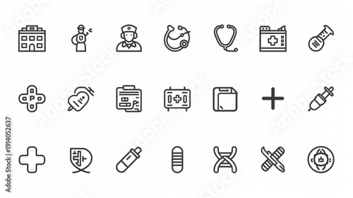 Modern Healthcare Medical Line Icon Set – Hospital, Doctor, DNA and Medical Symbols Vector Collection