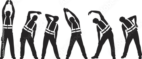 Black vector silhouette set of industrial workers in safety vests performing stretching exercises for workplace wellness injury prevention physical health and occupational safety branding,
