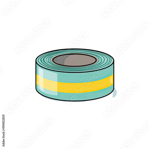 A cartoon illustration of a roll of colorful tape with teal and yellow stripes