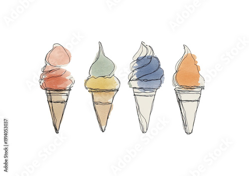 Watercolor illustration showcasing four colorful ice cream cones against a transparent background