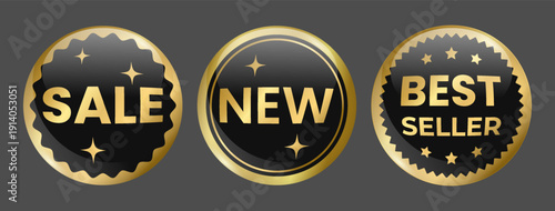 Gold 3d sticker, sale emblem, label New with glass effect. Round shiny smooth emblem, award, medal, badge Best Seller. Isolated on black background EPS10 Vector illustration EPS10