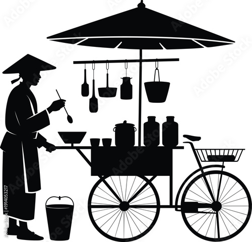 Asian street food vendor silhouette illustration with bicycle cart, traditional cooking utensils, local culture scene, black white vector design, iconic