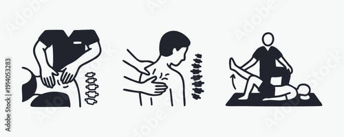 Chiropractic Adjustment, Massage Therapy, and Physical Rehabilitation Icon Set.