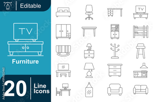 20 Furniture Line Icons for Interior Design and Home Decor Projects Bed, Chair, Wardrobe, Desk, Lamp, Sofa, TV Stand