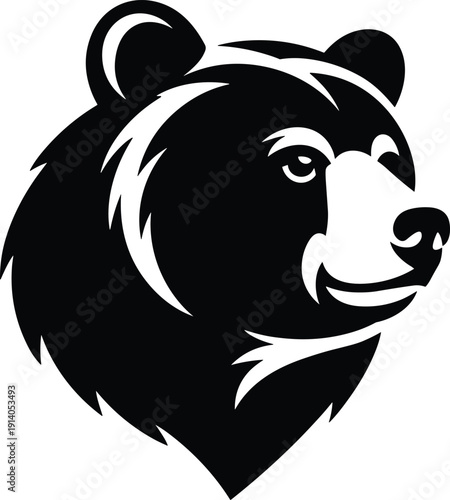 Bear head logo silhouette, wild animal mascot emblem, black and white vector illustration, modern minimal design, isolated white background, icon