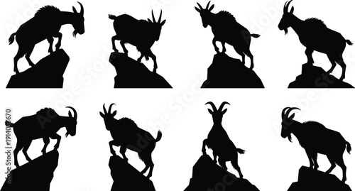 Black vector silhouette set of mountain goats standing on rocky peaks for wildlife nature conservation mountain climbing adventure park and outdoor safari animal branding,