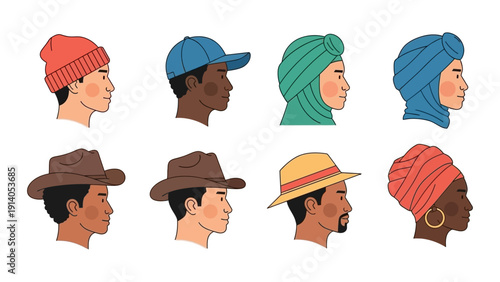 diverse people in profile wearing various hats turbans and head coverings showcasing fashion culture and identity in headwear