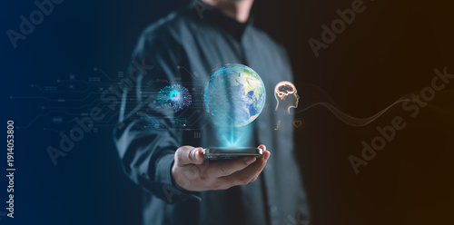 Artificial intelligence and human intelligence shaping the future, shown through a digital globe emerging from a device, symbolizing global technology, innovation and human-centered AI transformation.