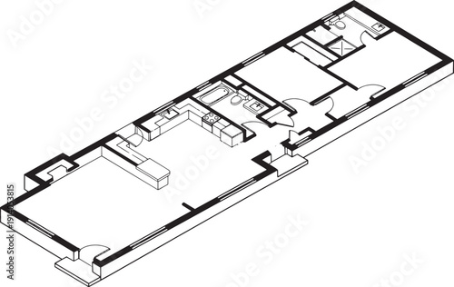 Detailed and precise illustration of a residential apartment plan, showcasing the architectural layout of the living spaces, complete with rooms and fixtures.