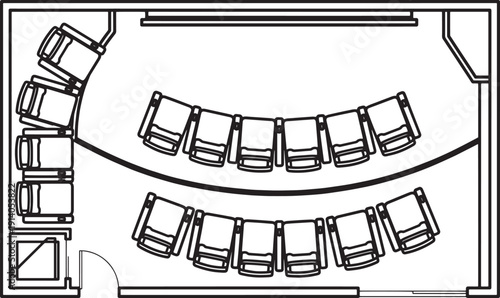 An overhead view captures a contemporary meeting room arrangement with an eye-catching semi-circular seating layout.