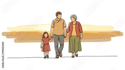 a multi-generational family walking hand in hand a little girl man and elder woman symbolizing love support and unity across generations.