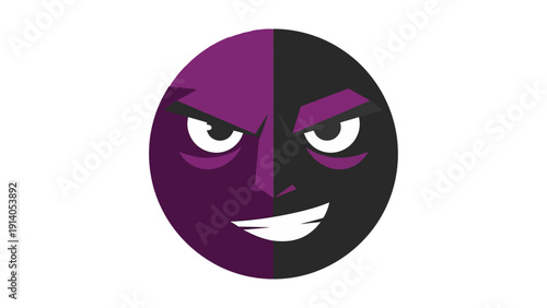 abstract purple and black split face character with an evil smirk embodying psychological duality and sinister villainous concepts for design.