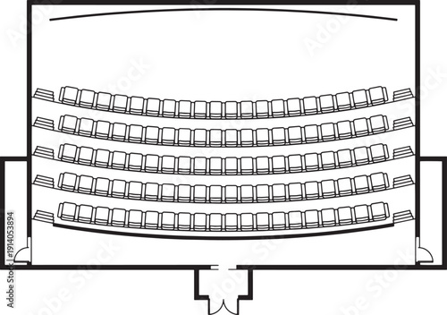 An overhead view depicts a grand theater's seating arrangement and architectural layout. The image focuses on the seating rows, the stage area, and structural elements. 