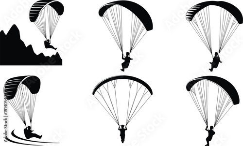Black vector silhouette set of paragliders flying with parachutes over mountain landscapes for extreme sports outdoor adventure skydiving tourism and aerial recreation branding design,