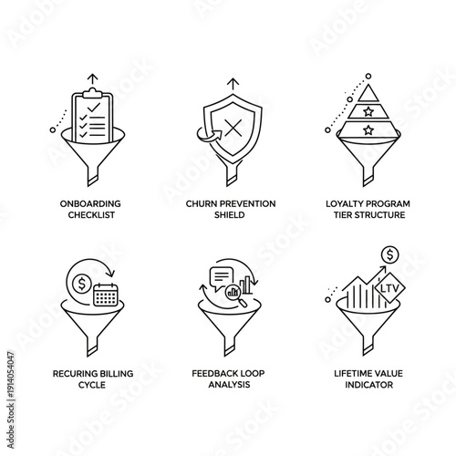 business customer lifecycle management icons onboarding churn prevention loyalty billing feedback lifetime value concepts.