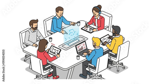 business collaboration diverse professionals analyzing data with tablets laptops and holographic display.