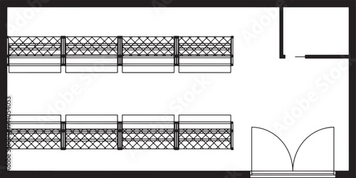 A top-down view of an architectural blueprint showcasing a detailed interior layout, providing insight into the structure's design and spatial arrangement.