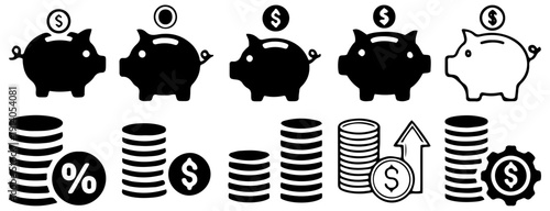 Piggy Bank and Coin Icons for Finance and Savings