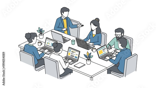 business team collaborating in a modern office meeting actively using laptops for data analysis and strategy discussions illustrating teamwork.