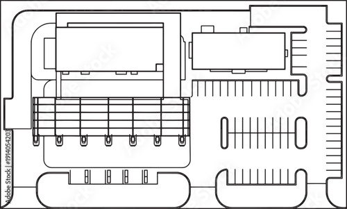 An overhead architectural diagram of a commercial property, revealing detailed parking layout, and building structure. This image illustrates efficient space utilization and design.