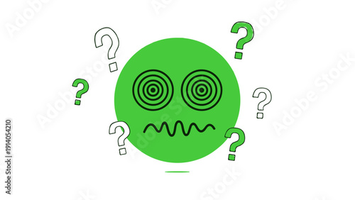 confused green face spiral eyes wavy mouth question marks symbolizes doubt uncertainty problem-solving.
