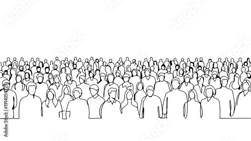 continuous line art drawing of a diverse crowd of people standing together symbolizing community unity and social connection