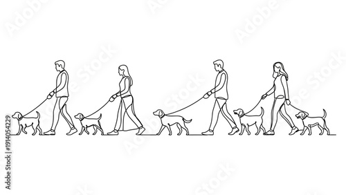 continuous line art drawing of men and women walking their dogs on leashes showcasing pet ownership outdoor exercise and companionship.