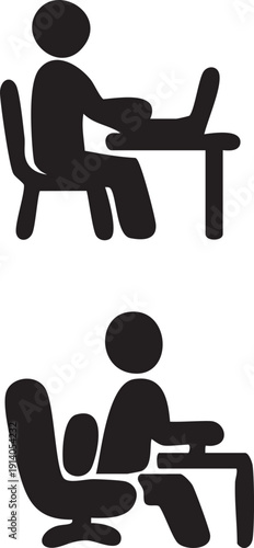 Vector illustration of a businessman and woman sitting at an office desk with a laptop, featuring silhouettes of people doing yoga and work icons representing a successful business concept