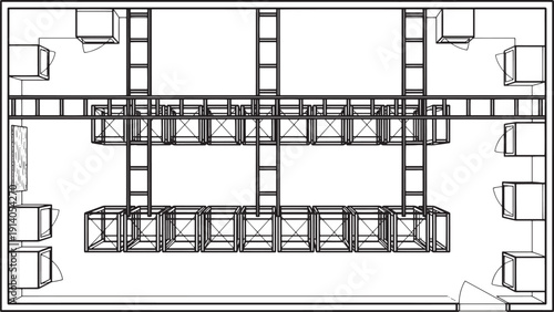 An architectural blueprint with an innovative design, highlighting geometric shapes and lines that form a cutting-edge interior, ideal for modern interiors and spatial planning.