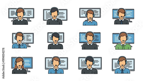 customer service agents in headsets at computers illustrating online technical support help desk and business communication concepts.