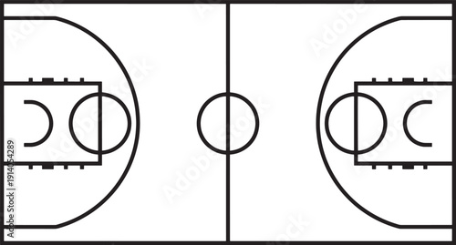 Basketball court with detailed lines, a top-down view of a classic sports arena, ready for competitive play.