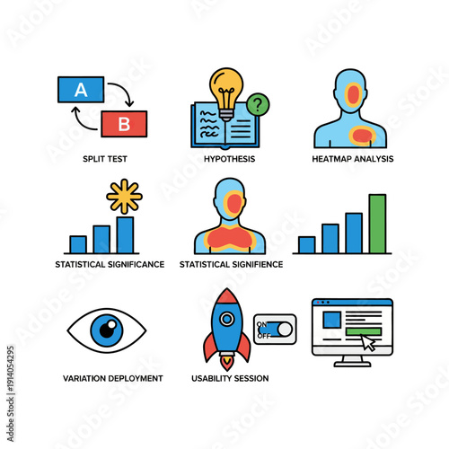 data analysis and business optimization icons illustrating split testing hypothesis heatmap statistical significance and user experience research for digital marketing strategy.