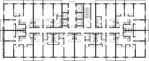 Architectural blueprint reveals a detailed floor plan design of an expansive multi-unit dwelling, showcasing individual residences and communal spaces.