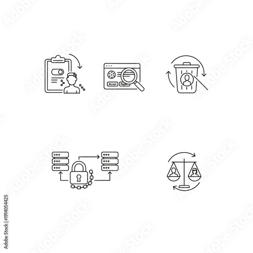 digital data privacy and user rights line icons illustrating consent information deletion cybersecurity and secure data handling.