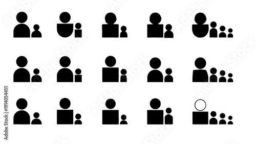 diverse black silhouette people and family icons symbolizing users parent and child relationships and groups for web design and demographic data.