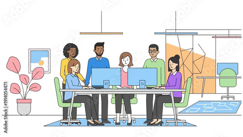 diverse business team actively collaborating on computers in a modern open-plan office illustrating teamwork productivity and corporate culture