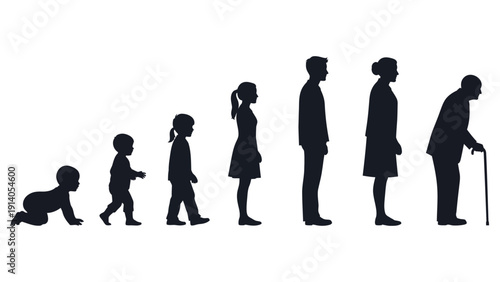 diverse human life cycle silhouettes from baby to elderly illustrating growth development and the natural aging process.