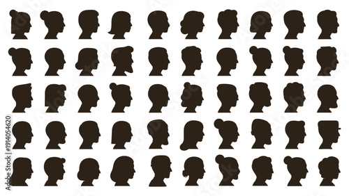 diverse human profiles in silhouette representing demographics ideal for user interface design and corporate diversity.