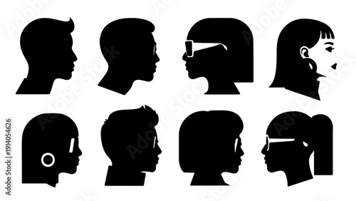 diverse human profile silhouettes black on white showcasing various hairstyles and accessories for user avatars identity and social media icons.