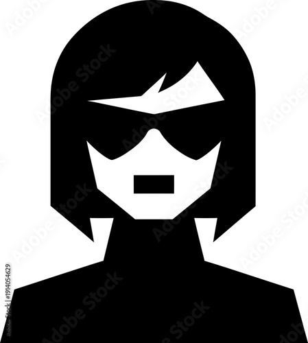 Woman avatar icon with short hair and sunglasses, stylized female profile picture concept. Flat black and white vector illustration for user interface