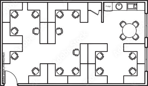 A bird's-eye view of a modern office layout. The scene captures an empty office floor plan, highlighting the strategic arrangement of workstations and collaborative zones. The image, devoid of people.