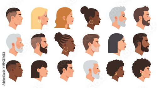diverse human profiles vector portraits of men and women different ages genders and ethnicities representing multiculturalism and social diversity.
