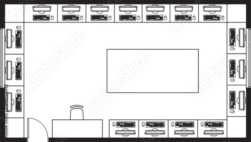 A top-down view of a spacious office room, featuring computers arranged around the perimeter of the room and a central table, designed for presentations or meetings. 