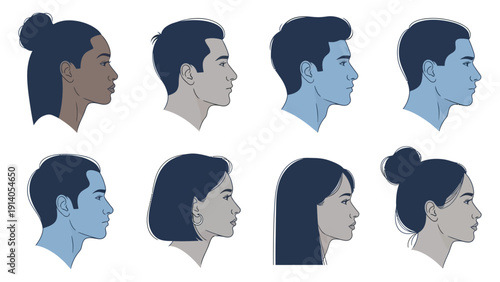 diverse illustrated side profiles of men and women a clean collection of human faces for identity and demographic representation.