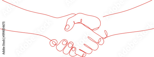 Two hands shaking in one continuous line art style. Partnership, agreement, trust concept. Red stroke modern icon vector illustration for business
